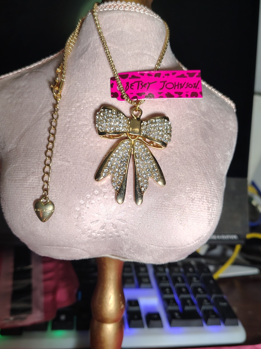 Betsey Johnson Gold Bow Pendant Necklace with Crystal Pavé